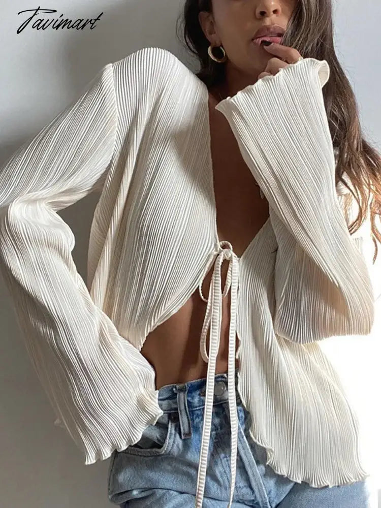 Fashion French Blouse Folds V-Neck Cardigan For Women Long Sleeve Sexy Slim Ruffles Top Summer Casual Streetwears