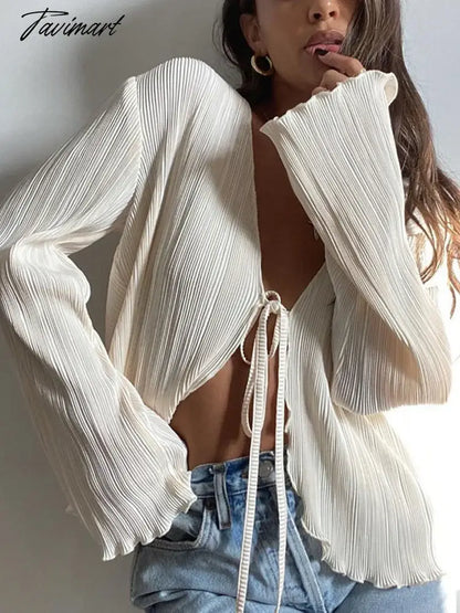 Fashion French Blouse Folds V-Neck Cardigan For Women Long Sleeve Sexy Slim Ruffles Top Summer Casual Streetwears