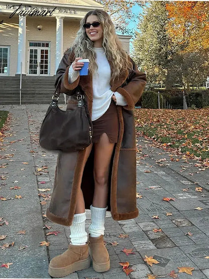 Fashion Fur Leather Patchwork Overcoat Women Lapel Long Sleeved Thicken Warm Long Coat Winter Fashion Lady Street Outwear