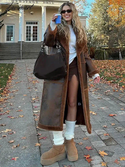 Fashion Fur Leather Patchwork Overcoat Women Lapel Long Sleeved Thicken Warm Long Coat Winter Fashion Lady Street Outwear