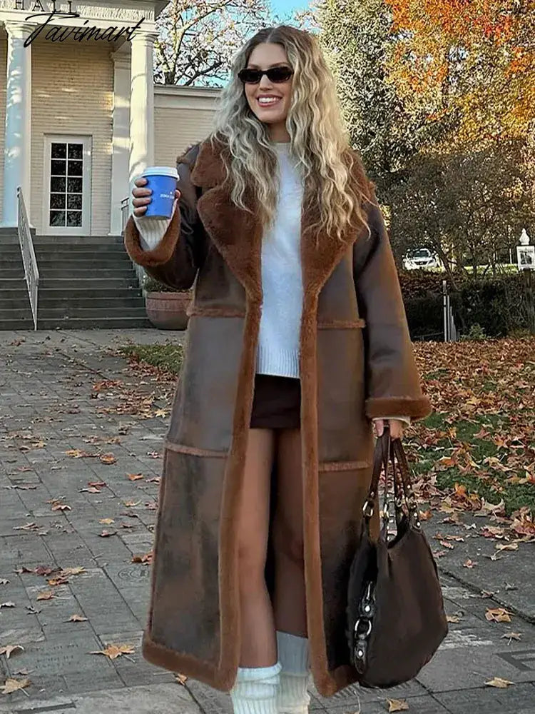Fashion Fur Leather Patchwork Overcoat Women Lapel Long Sleeved Thicken Warm Long Coat Winter Fashion Lady Street Outwear