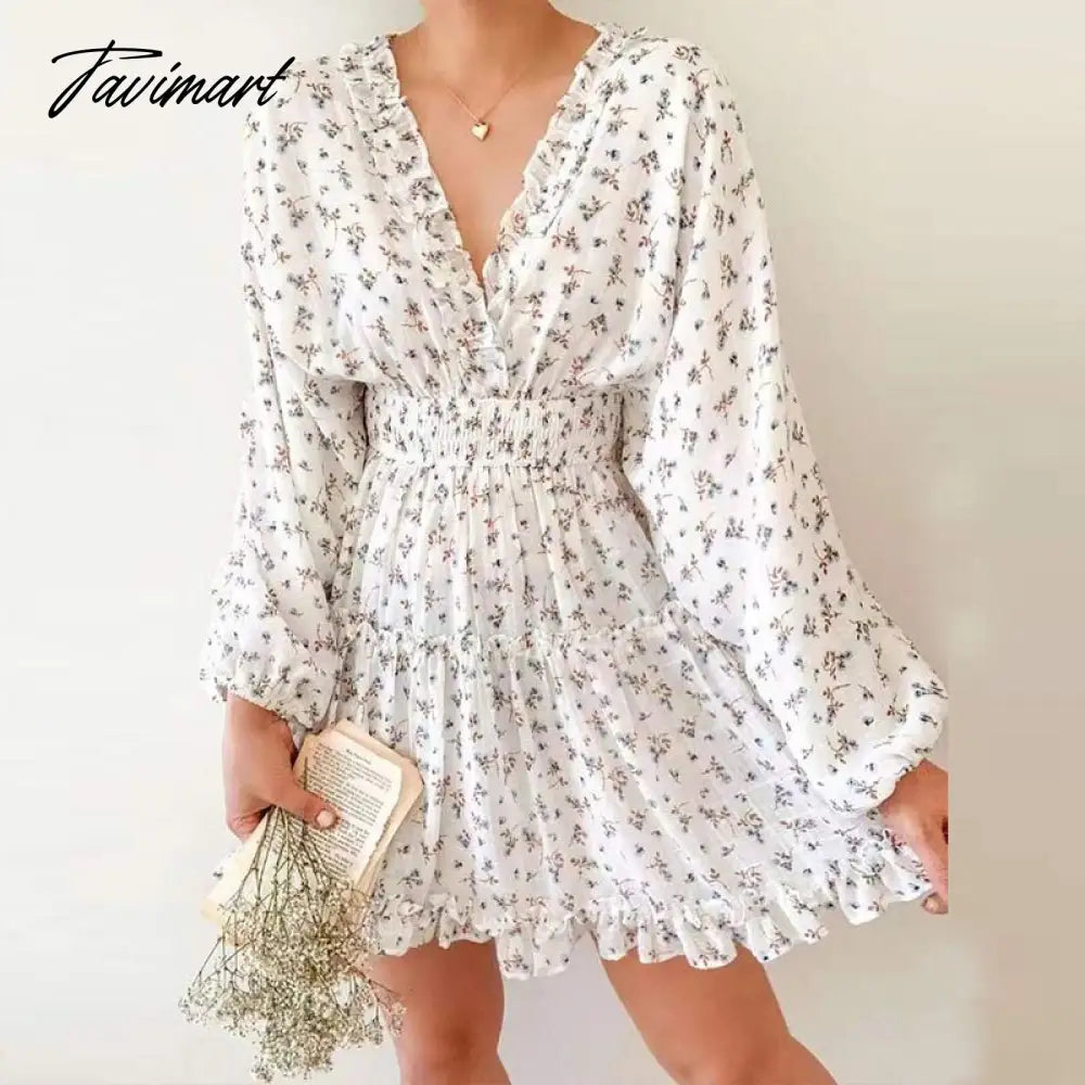 Fashion High Waist Puff Sleeve Party Dress Spring Elegant Floral Print Ruched Mini Dress Women Sweet Pleated Ruffle A-Line Dress