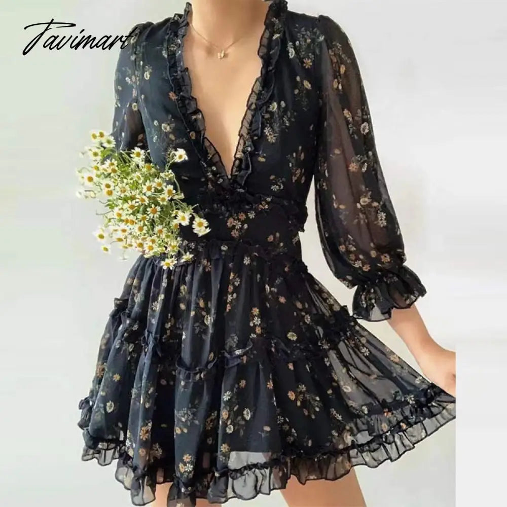 Fashion High Waist Puff Sleeve Party Dress Spring Elegant Floral Print Ruched Mini Dress Women Sweet Pleated Ruffle A-Line Dress