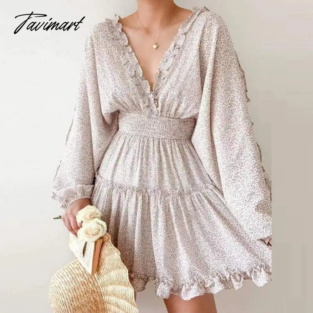 Fashion High Waist Puff Sleeve Party Dress Spring Elegant Floral Print Ruched Mini Dress Women Sweet Pleated Ruffle A-Line Dress