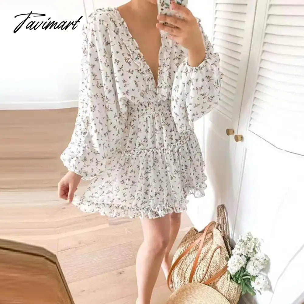 Fashion High Waist Puff Sleeve Party Dress Spring Elegant Floral Print Ruched Mini Dress Women Sweet Pleated Ruffle A-Line Dress