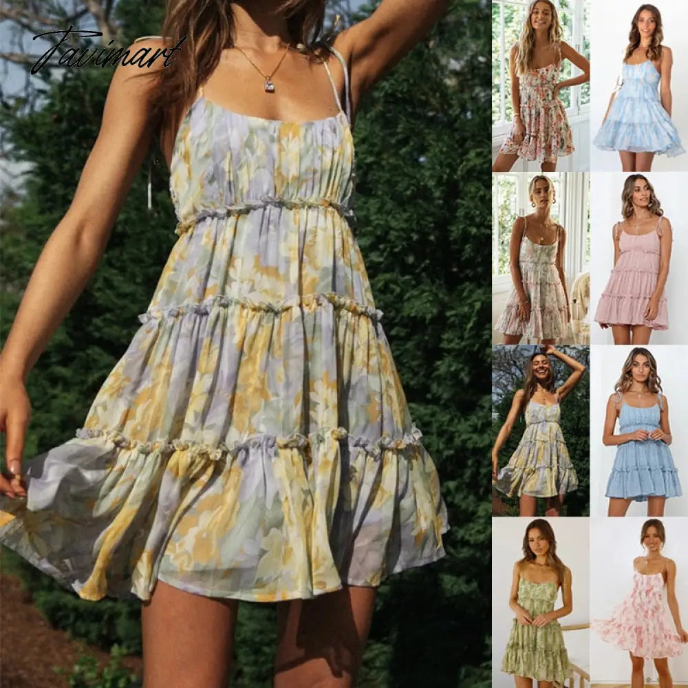 Fashion Ladies Summer Sexy Sling Bohemian Short Dress Women Sleeveless Beach Dress Floral Elegant Casual Holiday Dresses Women