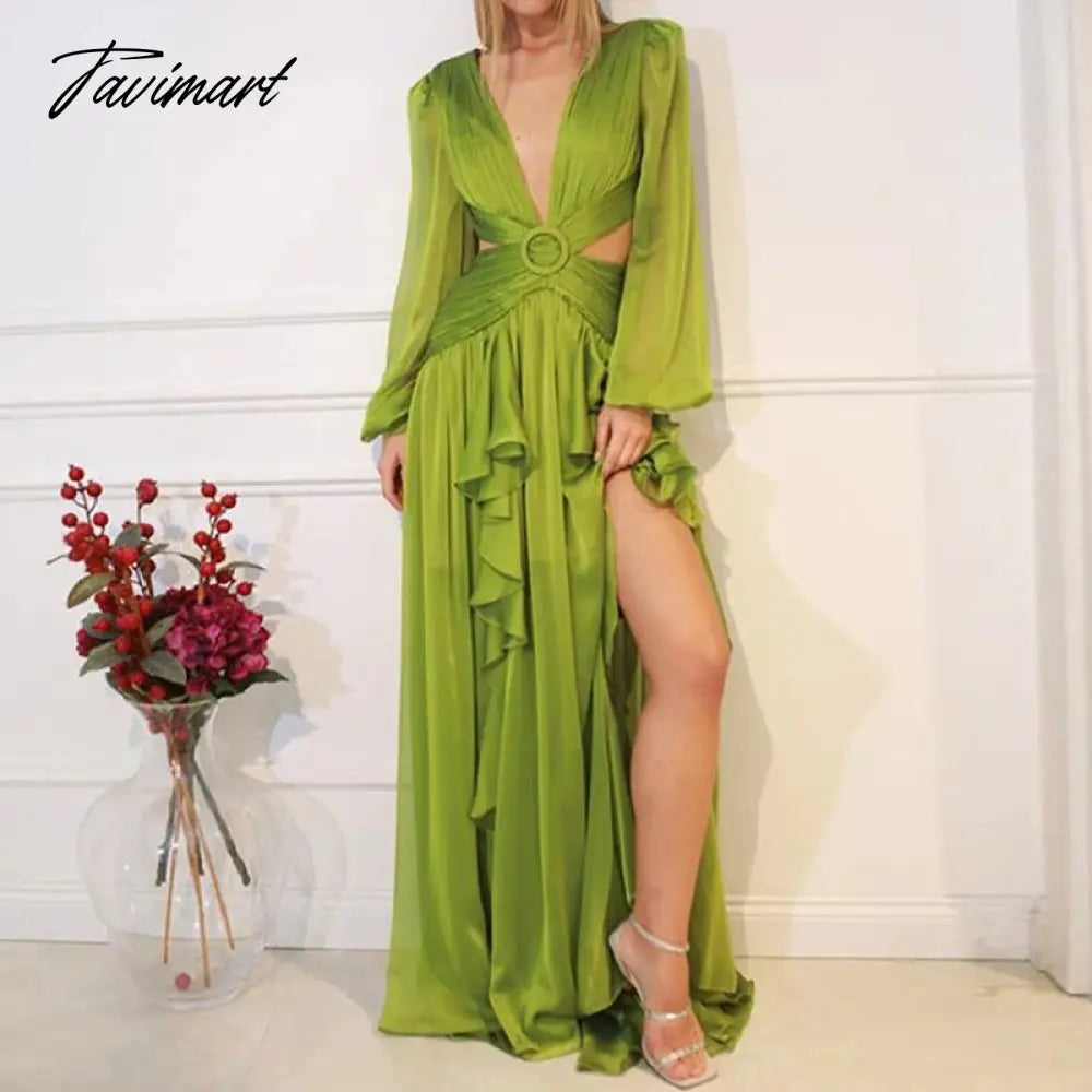 Fashion Long Sleeve Deep V-neck Hollow Beach Dress Women Sexy Backless Tie-up Ruffle Dress Ladies Casual Solid Loose Dresses New