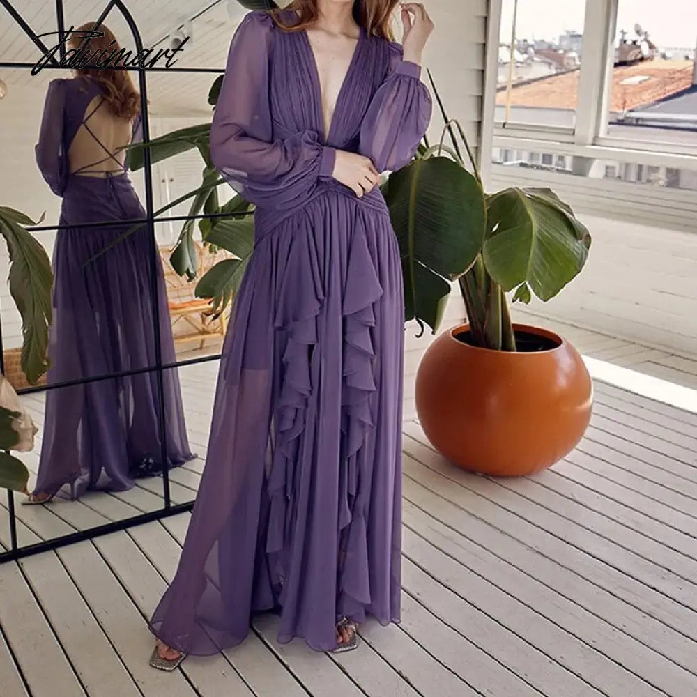 Fashion Long Sleeve Deep V-neck Hollow Beach Dress Women Sexy Backless Tie-up Ruffle Dress Ladies Casual Solid Loose Dresses New
