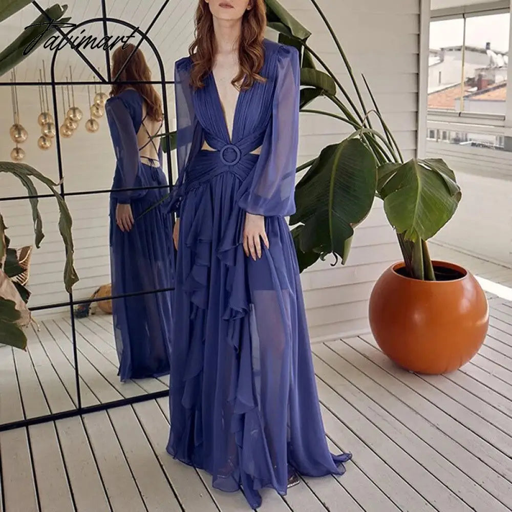 Fashion Long Sleeve Deep V-neck Hollow Beach Dress Women Sexy Backless Tie-up Ruffle Dress Ladies Casual Solid Loose Dresses New