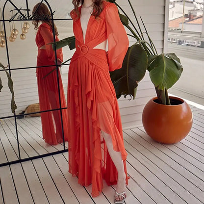 Fashion Long Sleeve Deep V-neck Hollow Beach Dress Women Sexy Backless Tie-up Ruffle Dress Ladies Casual Solid Loose Dresses New