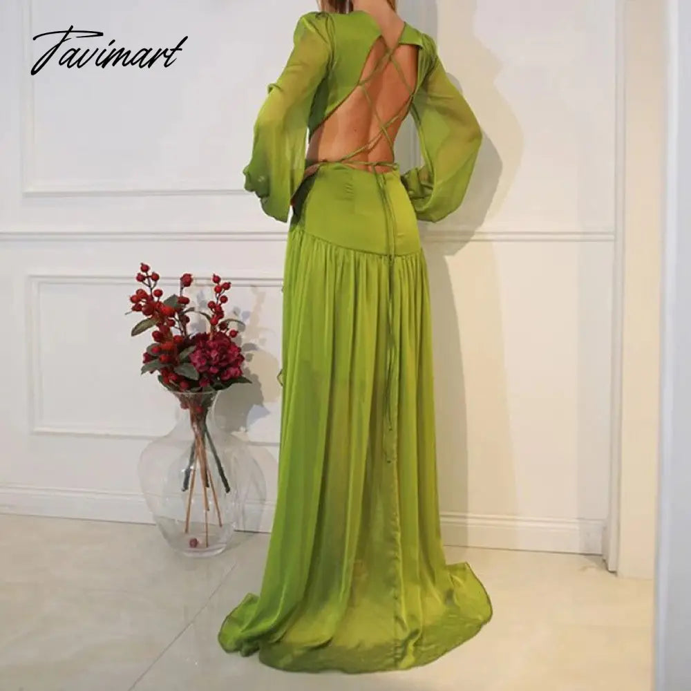 Fashion Long Sleeve Deep V-neck Hollow Beach Dress Women Sexy Backless Tie-up Ruffle Dress Ladies Casual Solid Loose Dresses New
