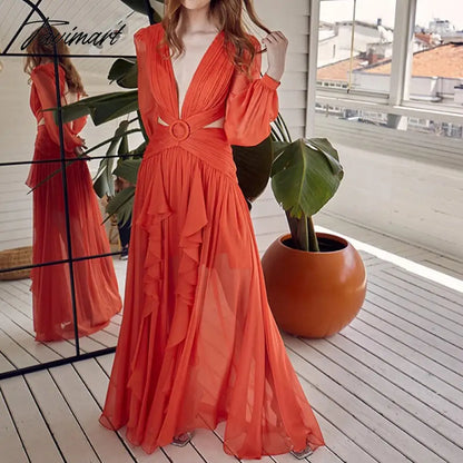Fashion Long Sleeve Deep V-neck Hollow Beach Dress Women Sexy Backless Tie-up Ruffle Dress Ladies Casual Solid Loose Dresses New
