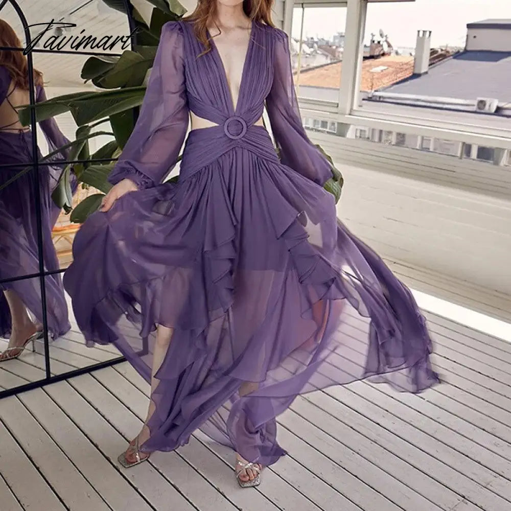 Fashion Long Sleeve Deep V-neck Hollow Beach Dress Women Sexy Backless Tie-up Ruffle Dress Ladies Casual Solid Loose Dresses New
