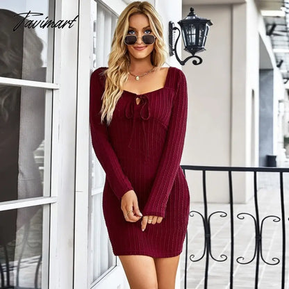 Fashion Long Sleeve Knitted Dress Women Fall/Winter Dresses New Square Neck Solid Lace-up Sexy Hip Wrap Mini Dress