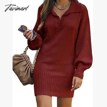 Fashion Loose Lantern Sleeve Sweater Dress Women Causal Oversize V-neck Knitted Dress Female Solid Elegant Winter Dress