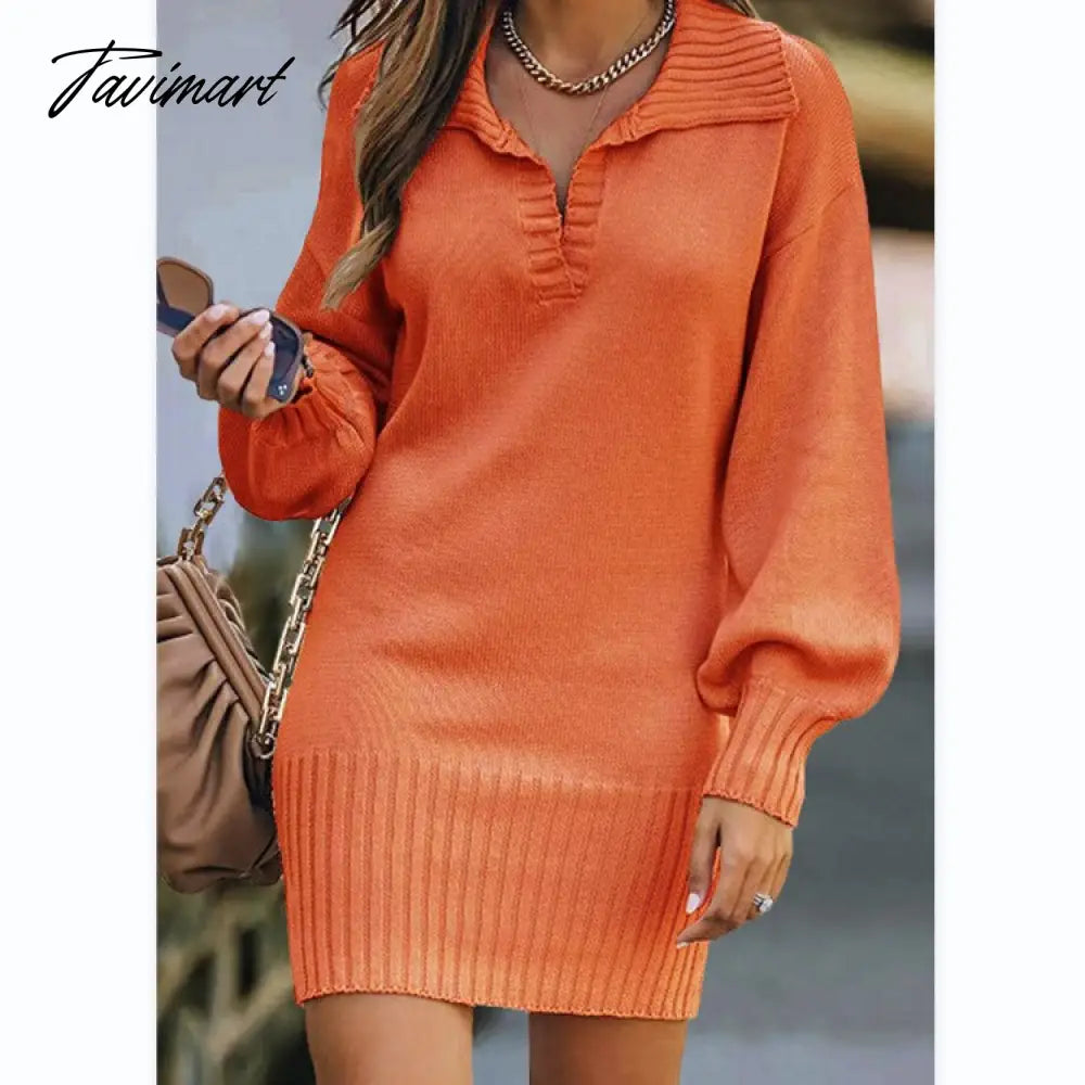 Fashion Loose Lantern Sleeve Sweater Dress Women Causal Oversize V-neck Knitted Dress Female Solid Elegant Winter Dress