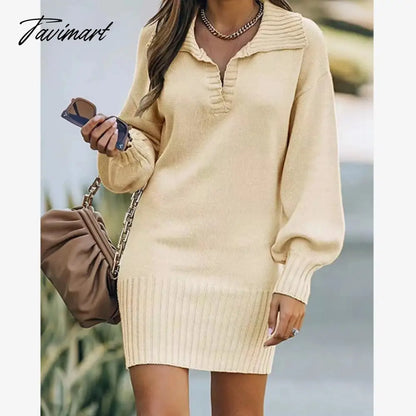 Fashion Loose Lantern Sleeve Sweater Dress Women Causal Oversize V-neck Knitted Dress Female Solid Elegant Winter Dress
