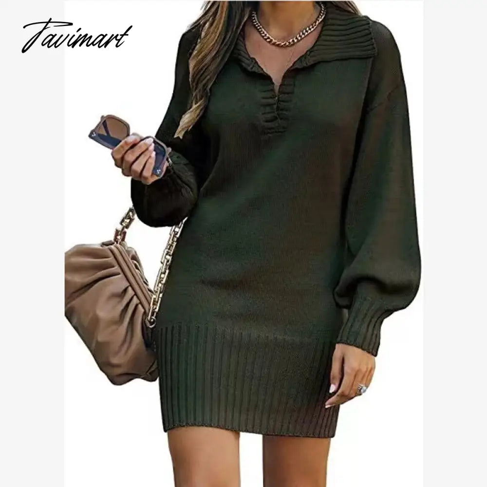Fashion Loose Lantern Sleeve Sweater Dress Women Causal Oversize V-neck Knitted Dress Female Solid Elegant Winter Dress