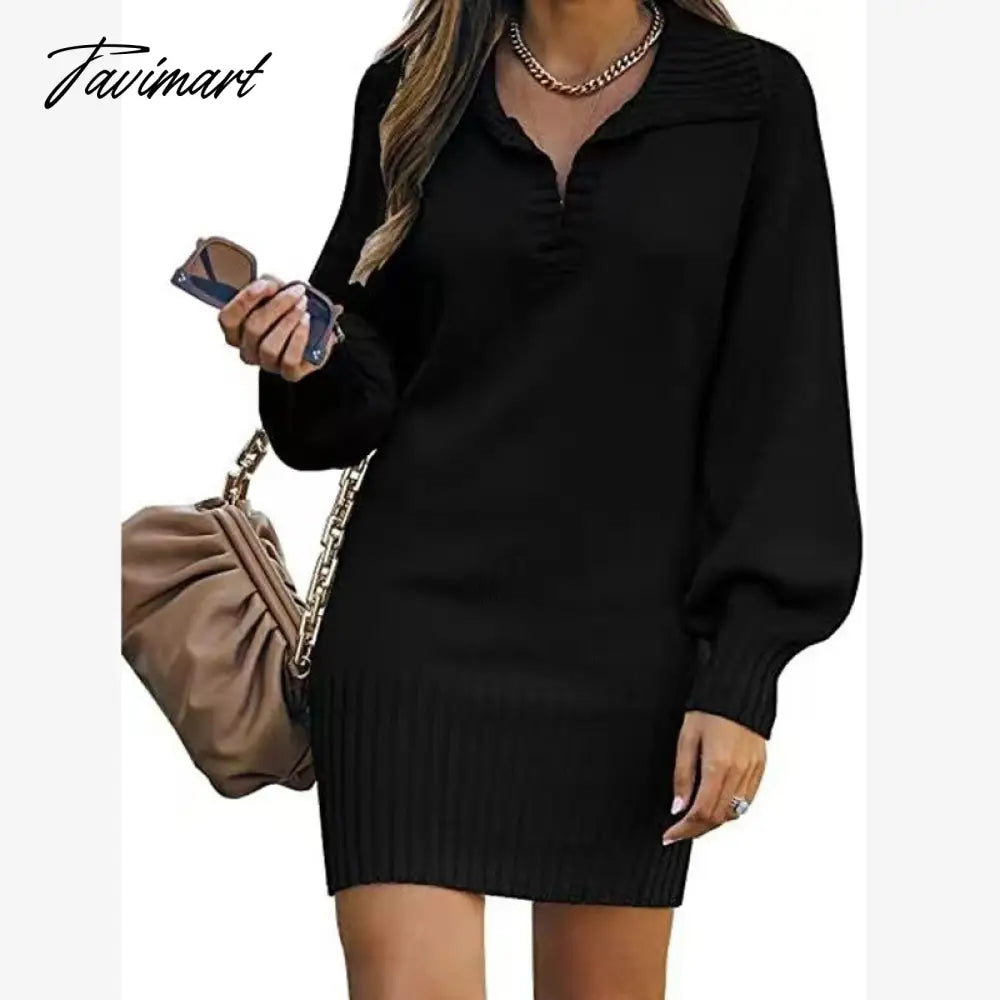 Fashion Loose Lantern Sleeve Sweater Dress Women Causal Oversize V-neck Knitted Dress Female Solid Elegant Winter Dress