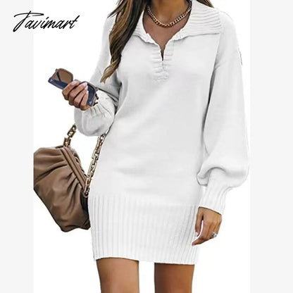 Fashion Loose Lantern Sleeve Sweater Dress Women Causal Oversize V-neck Knitted Dress Female Solid Elegant Winter Dress