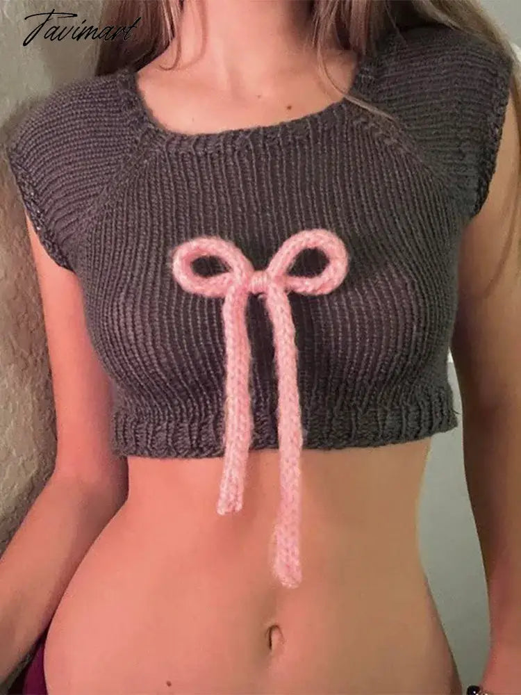 Fashion Pink Bow Patchwork Knit Vest For Women Sexy Sleeveless Round Neck Slim Waistcoat 2024 Ladies Chic Female Pullover