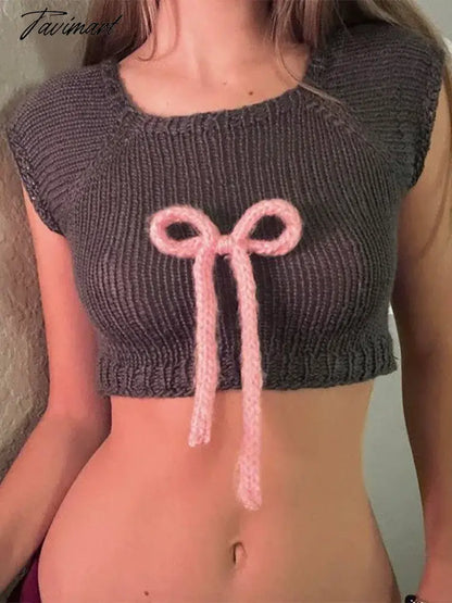 Fashion Pink Bow Patchwork Knit Vest For Women Sexy Sleeveless Round Neck Slim Waistcoat 2024 Ladies Chic Female Pullover