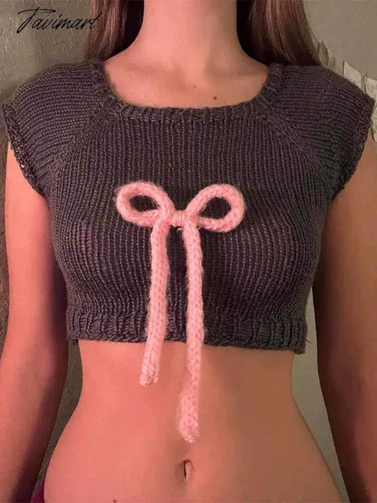 Fashion Pink Bow Patchwork Knit Vest For Women Sexy Sleeveless Round Neck Slim Waistcoat 2024 Ladies Chic Female Pullover
