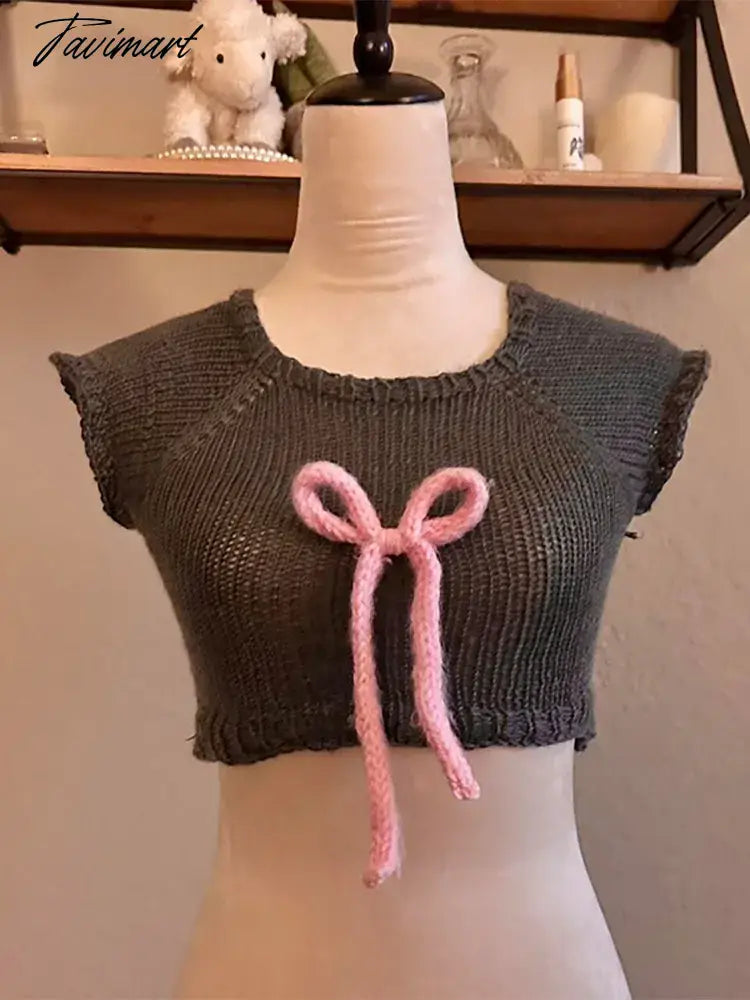 Fashion Pink Bow Patchwork Knit Vest For Women Sexy Sleeveless Round Neck Slim Waistcoat 2024 Ladies Chic Female Pullover