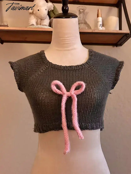 Fashion Pink Bow Patchwork Knit Vest For Women Sexy Sleeveless Round Neck Slim Waistcoat 2024 Ladies Chic Female Pullover