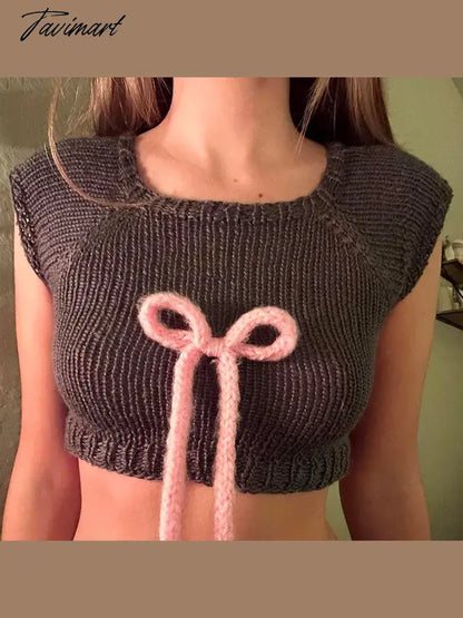 Fashion Pink Bow Patchwork Knit Vest For Women Sexy Sleeveless Round Neck Slim Waistcoat 2024 Ladies Chic Female Pullover
