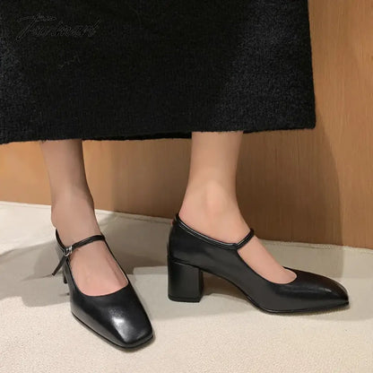 Fashion Pumps New High Quality Genuine Leather Vintage Mary Jane Shoes Square Toe High Heels Flat Shoes Lightweight Shoes