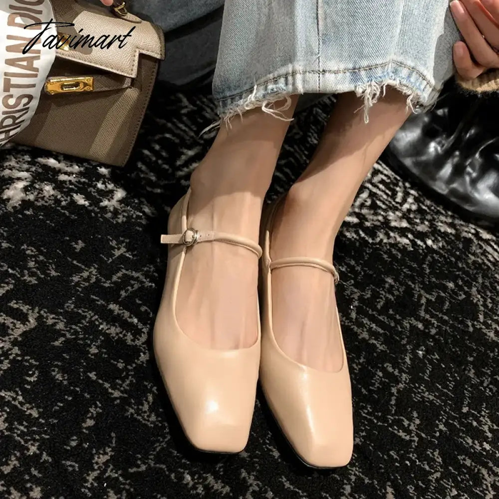 Fashion Pumps New High Quality Genuine Leather Vintage Mary Jane Shoes Square Toe High Heels Flat Shoes Lightweight Shoes