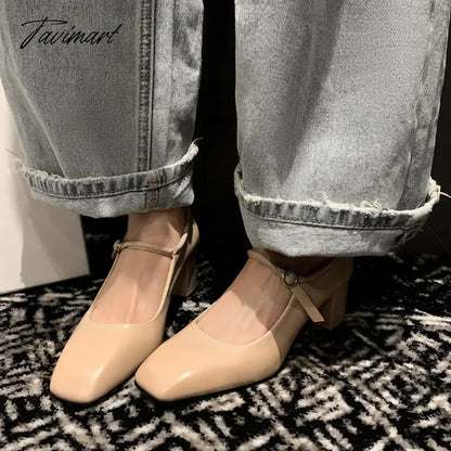 Fashion Pumps New High Quality Genuine Leather Vintage Mary Jane Shoes Square Toe High Heels Flat Shoes Lightweight Shoes