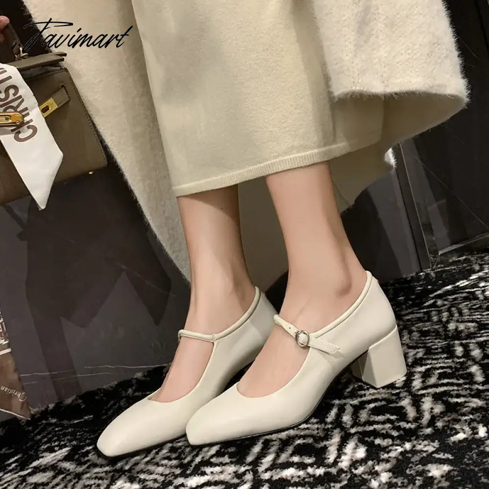 Fashion Pumps New High Quality Genuine Leather Vintage Mary Jane Shoes Square Toe High Heels Flat Shoes Lightweight Shoes