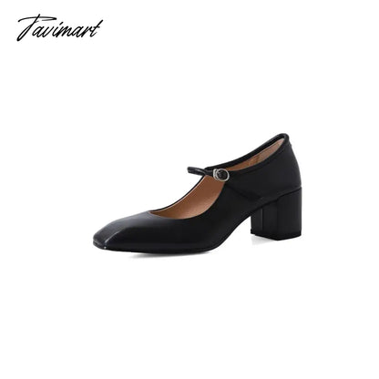 Fashion Pumps New High Quality Genuine Leather Vintage Mary Jane Shoes Square Toe High Heels Flat Shoes Lightweight Shoes