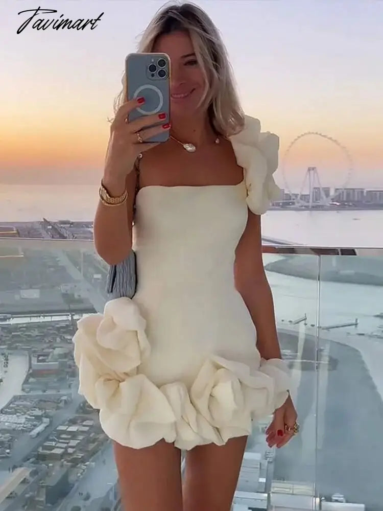 Fashion Solid Flower Edge Mini Dress Women Elegant Off Shoulder Rose Pleated Bodycon Dresses Female Chic Party Evening Vestidos