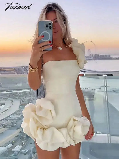 Fashion Solid Flower Edge Mini Dress Women Elegant Off Shoulder Rose Pleated Bodycon Dresses Female Chic Party Evening Vestidos