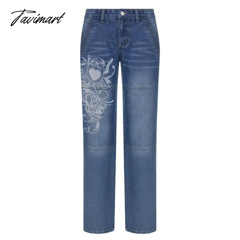 Fashion Spring Autumn Vintage Streetwear Harajuku Print Blue High Waist Straight Korean Style Woman Pants Cargo Pants Women