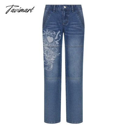 Fashion Spring Autumn Vintage Streetwear Harajuku Print Blue High Waist Straight Korean Style Woman Pants Cargo Pants Women