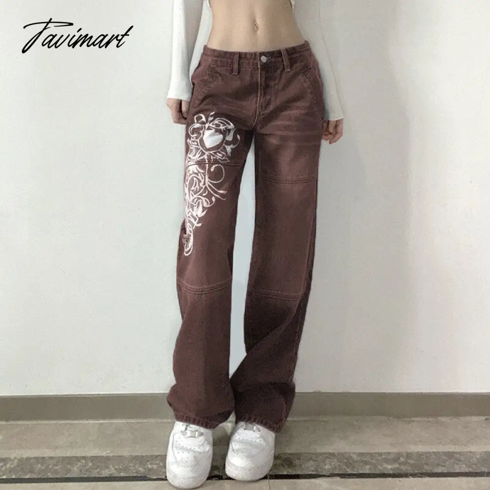 Fashion Spring Autumn Vintage Streetwear Harajuku Print Blue High Waist Straight Korean Style Woman Pants Cargo Pants Women