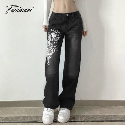 Fashion Spring Autumn Vintage Streetwear Harajuku Print Blue High Waist Straight Korean Style Woman Pants Cargo Pants Women