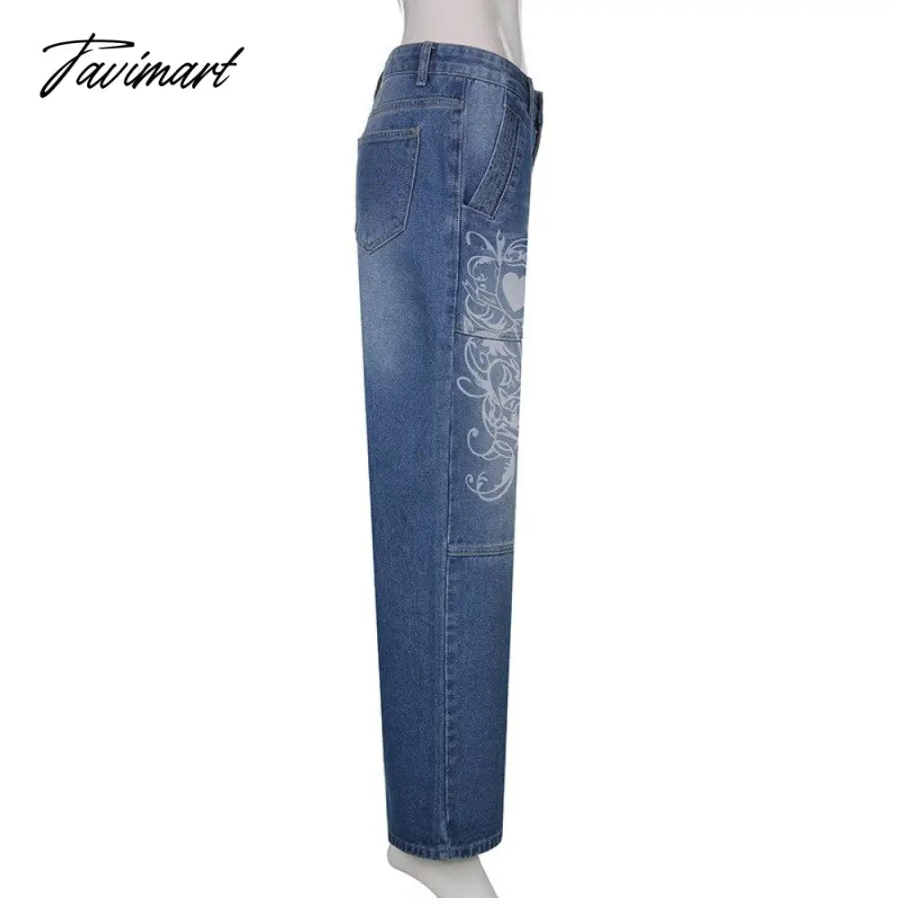 Fashion Spring Autumn Vintage Streetwear Harajuku Print Blue High Waist Straight Korean Style Woman Pants Cargo Pants Women
