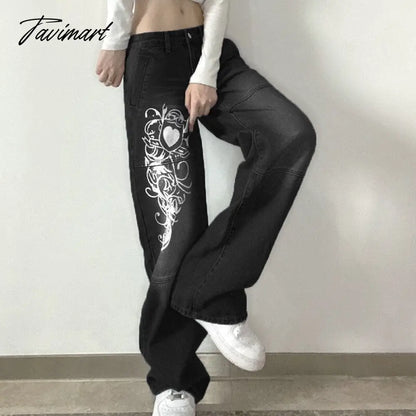 Fashion Spring Autumn Vintage Streetwear Harajuku Print Blue High Waist Straight Korean Style Woman Pants Cargo Pants Women