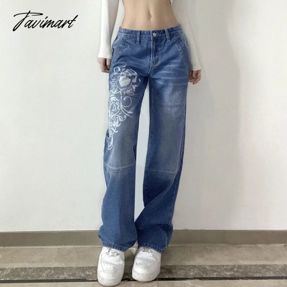Fashion Spring Autumn Vintage Streetwear Harajuku Print Blue High Waist Straight Korean Style Woman Pants Cargo Pants Women