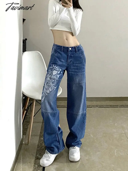 Fashion Spring Autumn Vintage Streetwear Harajuku Print Blue High Waist Straight Korean Style Woman Pants Cargo Pants Women