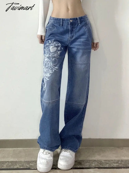 Fashion Spring Autumn Vintage Streetwear Harajuku Print Blue High Waist Straight Korean Style Woman Pants Cargo Pants Women