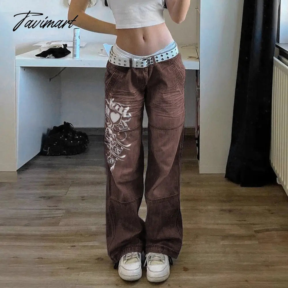 Fashion Spring Autumn Vintage Streetwear Harajuku Print Blue High Waist Straight Korean Style Woman Pants Cargo Pants Women