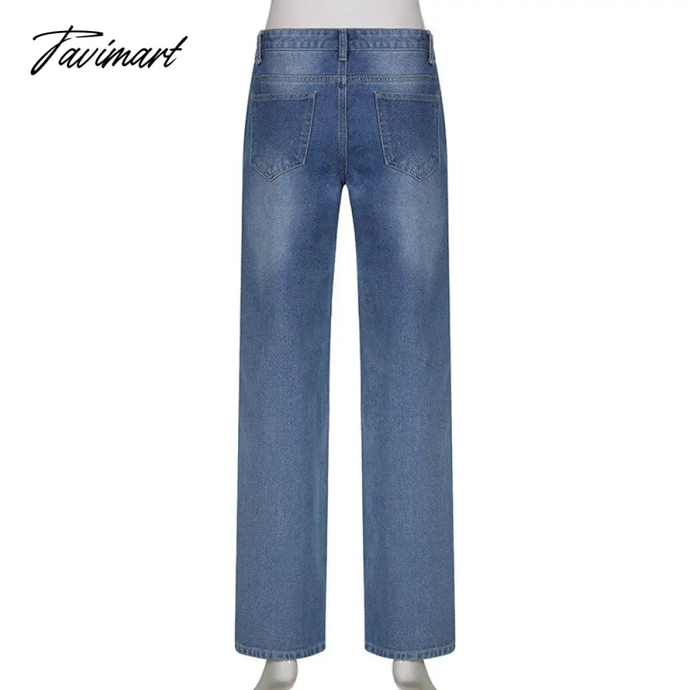 Fashion Spring Autumn Vintage Streetwear Harajuku Print Blue High Waist Straight Korean Style Woman Pants Cargo Pants Women