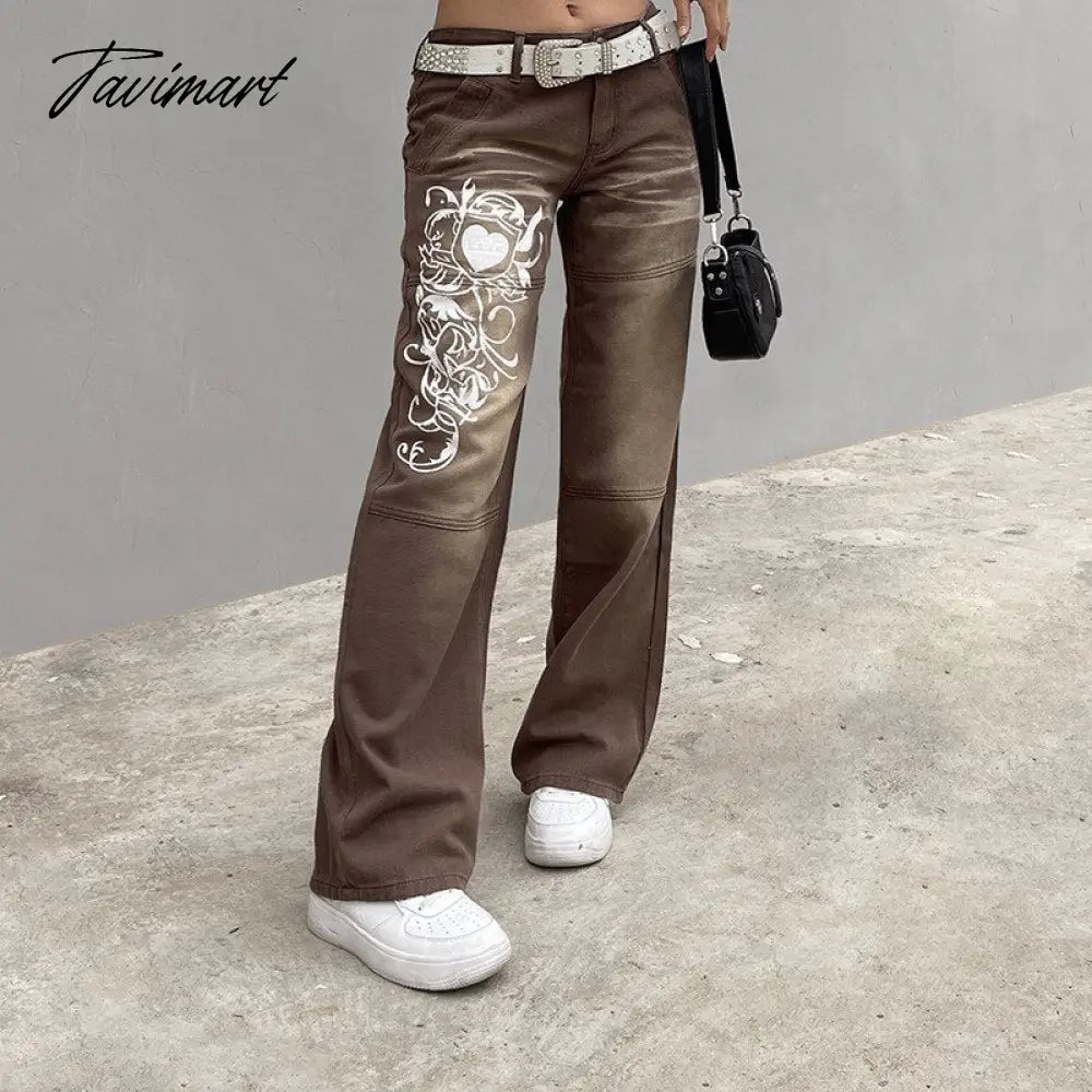Fashion Spring Autumn Vintage Streetwear Harajuku Print Blue High Waist Straight Korean Style Woman Pants Cargo Pants Women