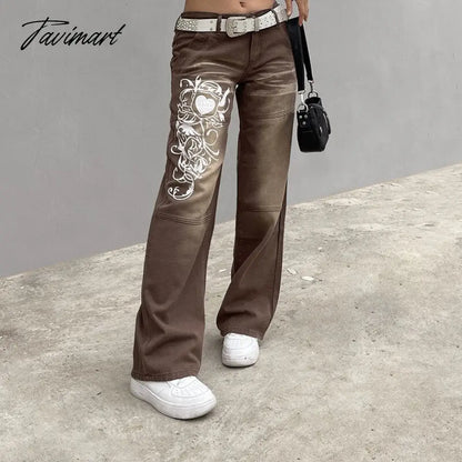 Fashion Spring Autumn Vintage Streetwear Harajuku Print Blue High Waist Straight Korean Style Woman Pants Cargo Pants Women